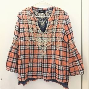 Johnny Was Small plaid dress top embroidered